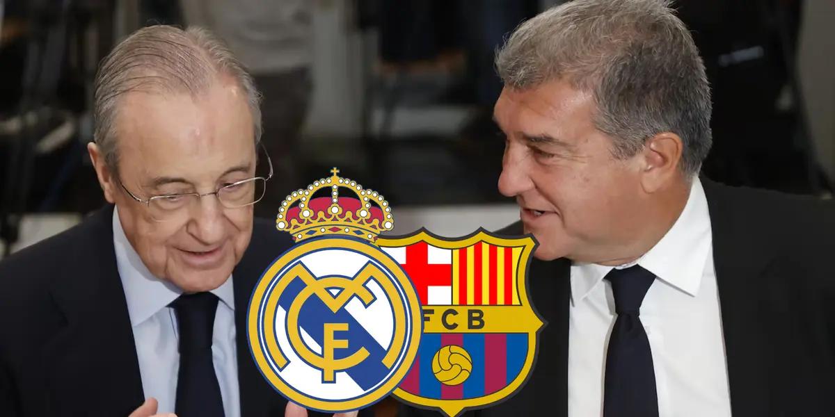 Laporta y Florentino Pérez charlando mano a mano, ante los escudos del Madrid y el Barça.