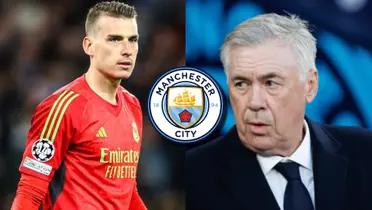 Lunin y Carlo Ancelotti, del Real Madrid