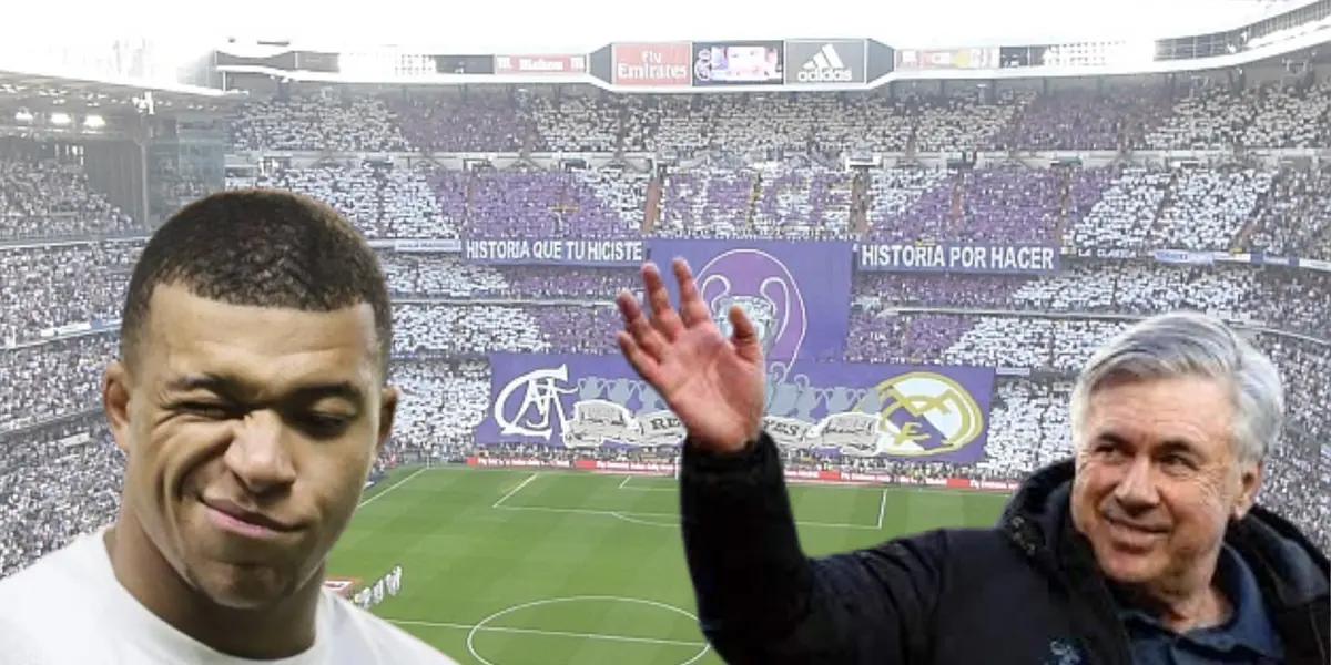 Mbappé guiñando el ojo y Carlo Ancelotti saludando. De fondo el Santiago Bernabéu.