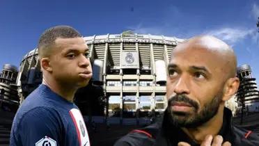 Mbappé mira a Henry, de fondo Santiago Bernabéu