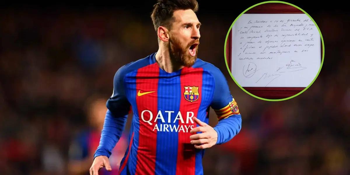 Messi con la camiseta del FC Barcelona festejando un gol.