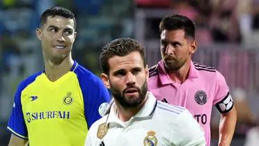 Nacho adelante, Messi y Cristiano Ronaldo en sus equipos detrás.