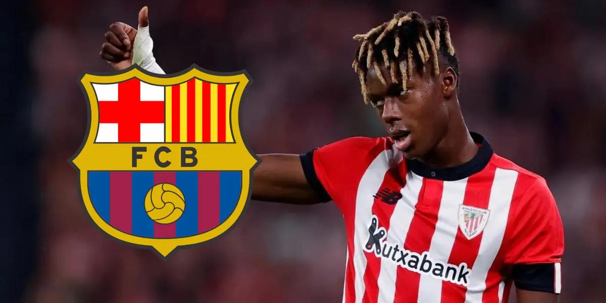 Nico Williams con la camiseta del Athletic Club junto al escudo del FC Barcelona.