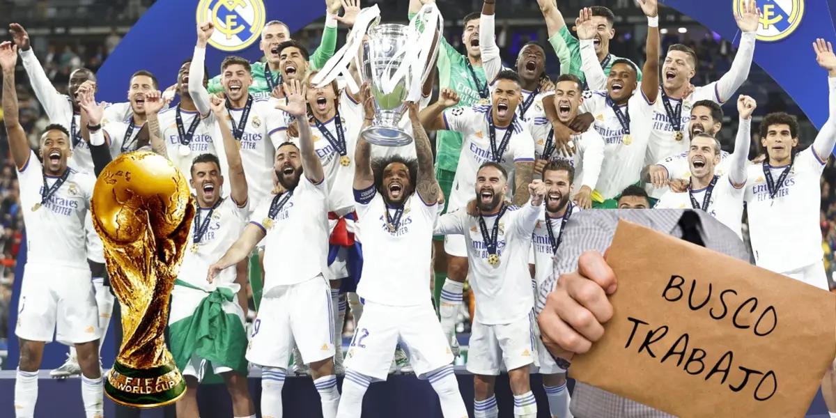 Real Madrid festejando la Champions 2018. Copa del Mundo en un costado, cartel de "busco trabajo" en el otro.