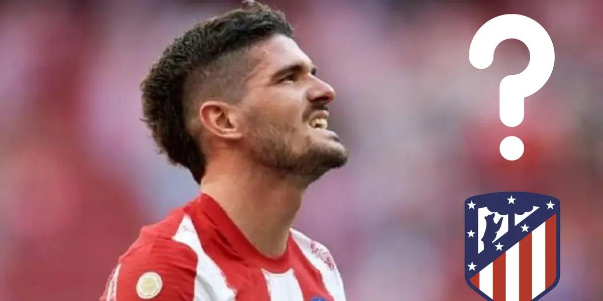 Rodrigo De Paul en Atlético Madrid. Signo de pregunta y escudo de Atleti.