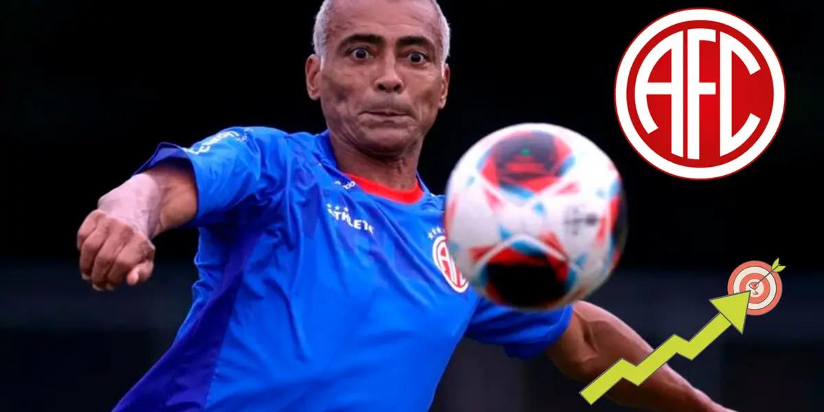 Romario en América de Río de Janeiro. Escudo del club y abajo una imagen de metas.