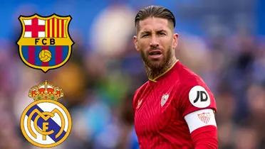 Sergio Ramos, capitán del Sevilla. Escudos del FC Barcelona y el Real Madrid