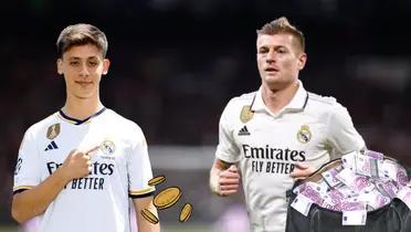 Toni Kroos y una maleta llena de dinero. Arda Guler con la camiseta del Real Madrid y unas monedas debajo.