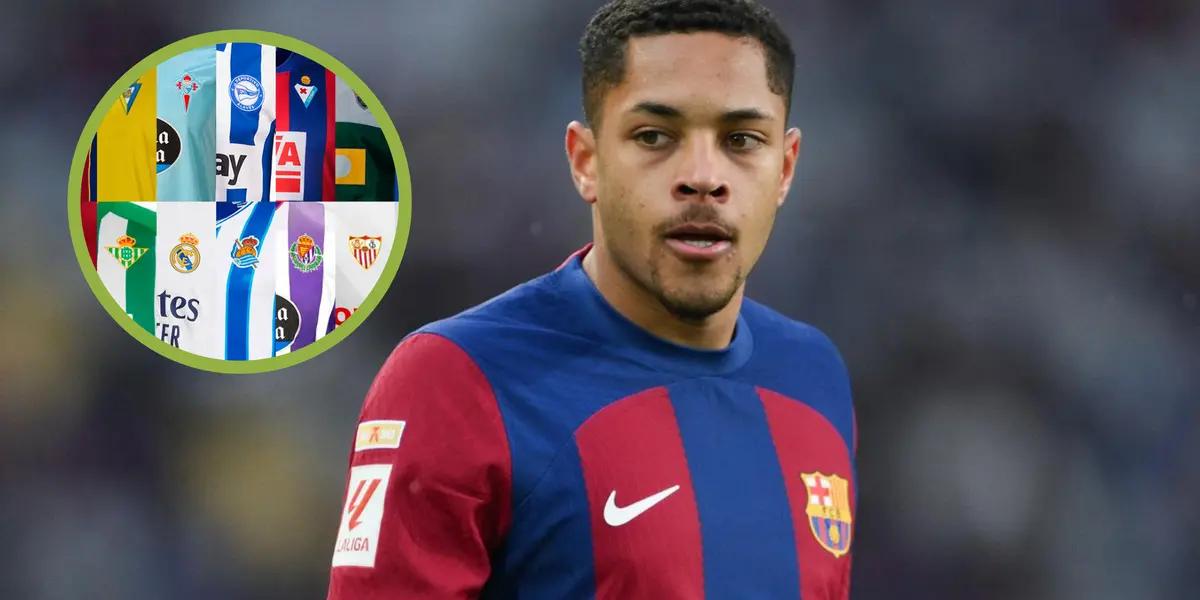 Vítor Roque serio con la camiseta del Barcelona y las camisetas de clubes de España.