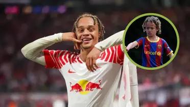 Xavi Simons con la camiseta del Leipzig y de niño cuando jugaba en La Masía del Barcelona.