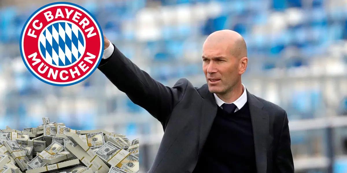 Zinedine Zidane dirigiendo. Escudo de Bayern Múnich y monto de dinero.