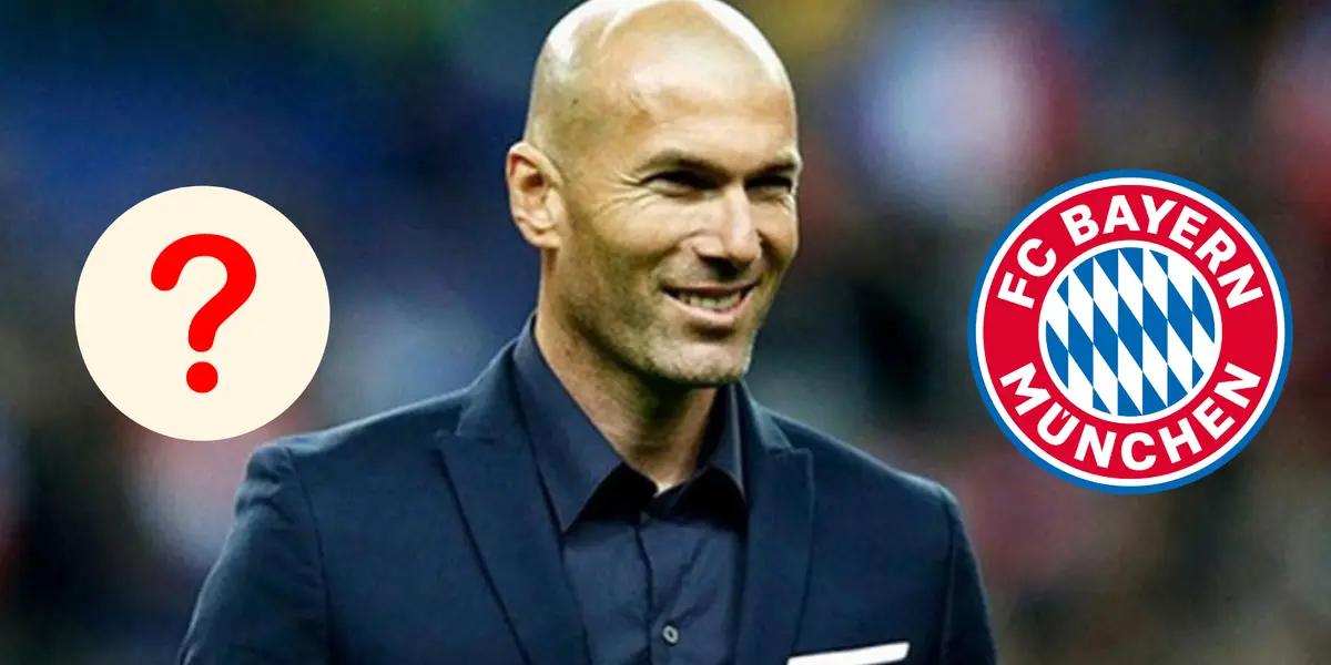 Zinedine Zidane sonriendo, escudo del Bayern Múnich a un lado y signo de interrogación en el otro.