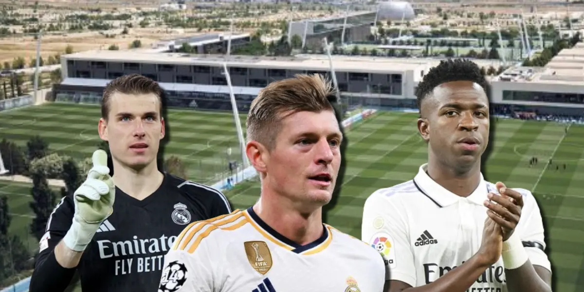 Andriy Lunin, Toni Kroos y Vinicius del Real Madrid