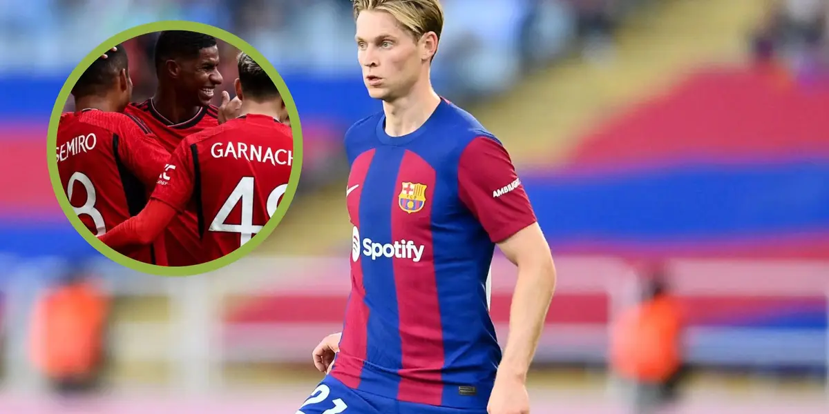 De Jong con la camiseta del FC Barcelona y el Manchester United celebrando un gol.