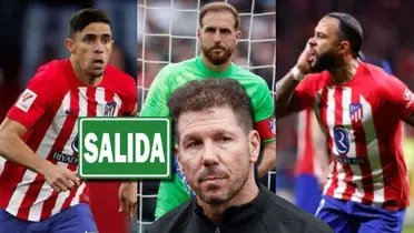 Diego Simeone, entrenador del Atlético de Madrid, y tres de sus jugadores