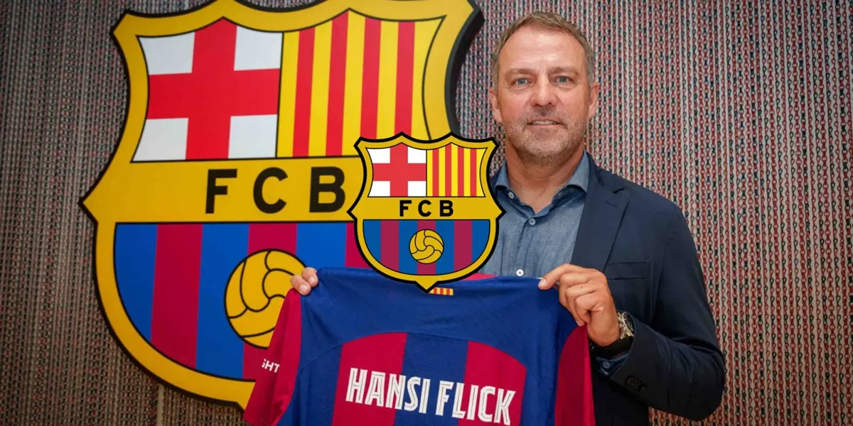 Hansi Flick holds the FC Barcelona jersey with his name on it and the FC Barcelona badge is in the middle.