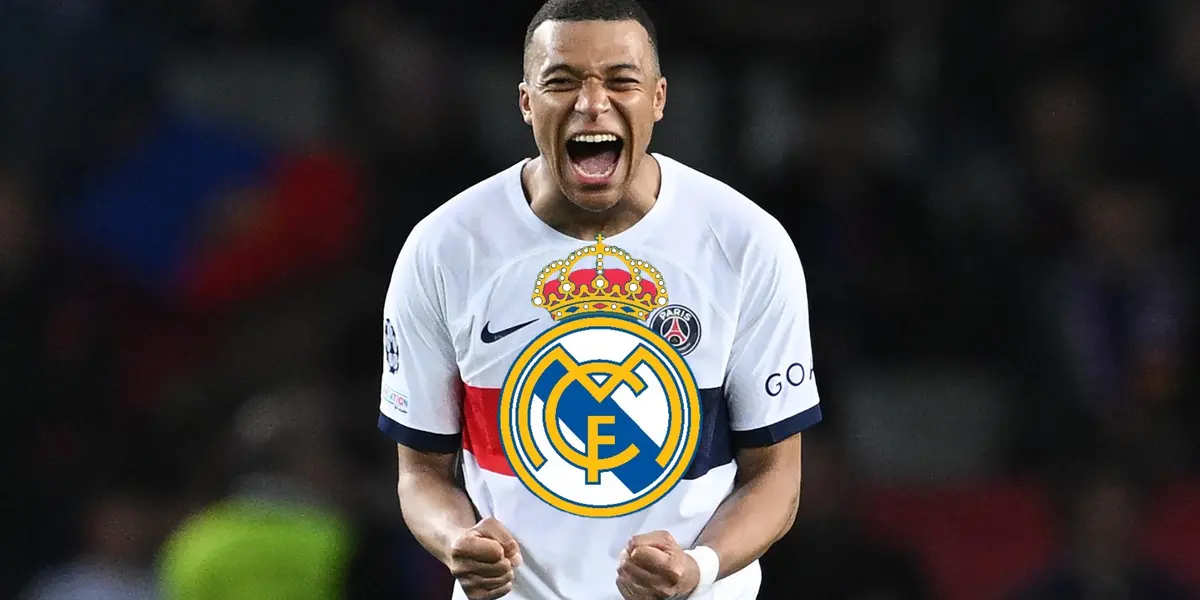 Kylian Mbappé screams with joy while wearing a white PSG jersey and the Real Madrid badge is in the middle.