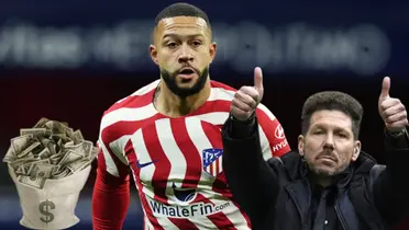 Memphis Depay en Atlético Madrid. Bolsón de dinero y Simeone levantando los pulgares.