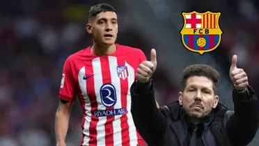 Nahuel Molina en Atleti, Diego Simeone con pulgares arriba y escudo del FC Barcelona