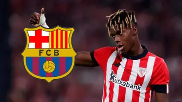 Nico Williams con la camiseta del Athletic Club junto al escudo del FC Barcelona.