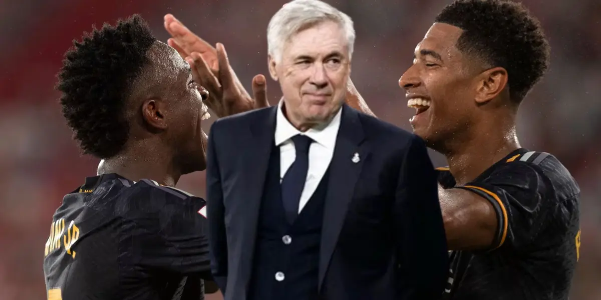 Vinicius y Bellingham festejan su gol, mientras Ancelotti mira.