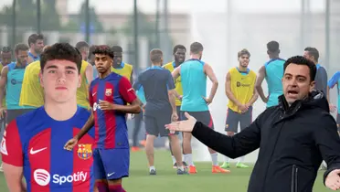 Xavi Hernández quejándose, Lamine Yamal y Pau Cubarsí con la camiseta del Barcelona. De fondo, imagen de la plantilla entrenando.